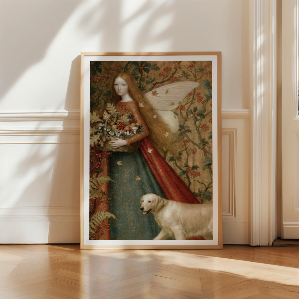 Autumn Fairy Print, Classic Inspired Folk Art Poster, Red Hair Fairy Dog Wall Art