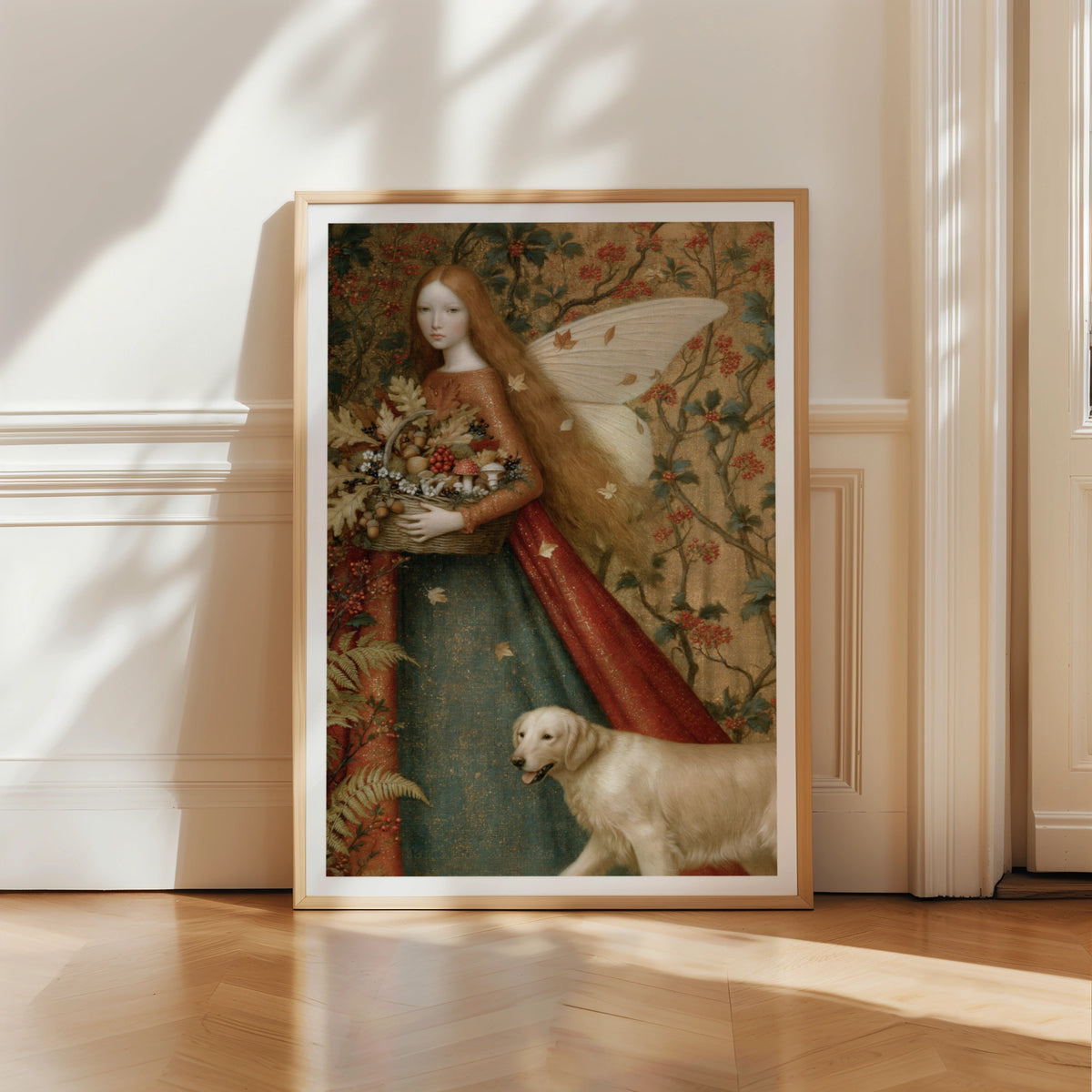 Autumn Fairy Print, Classic Inspired Folk Art Poster, Red Hair Fairy Dog Wall Art
