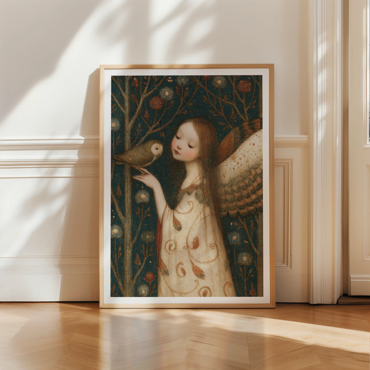 Owl Fairy - Classic Inspired Fairy Print, Folk Art Poster, Teal Floral Wall Art