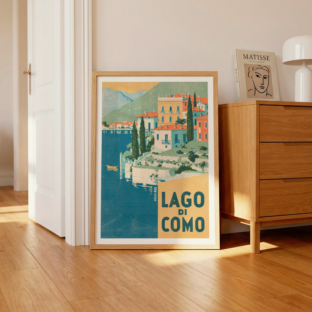 Retro Lago di Como Poster, Vintage Travel Print, Italian Lake Wall Art, Lake Como Villas Artwork