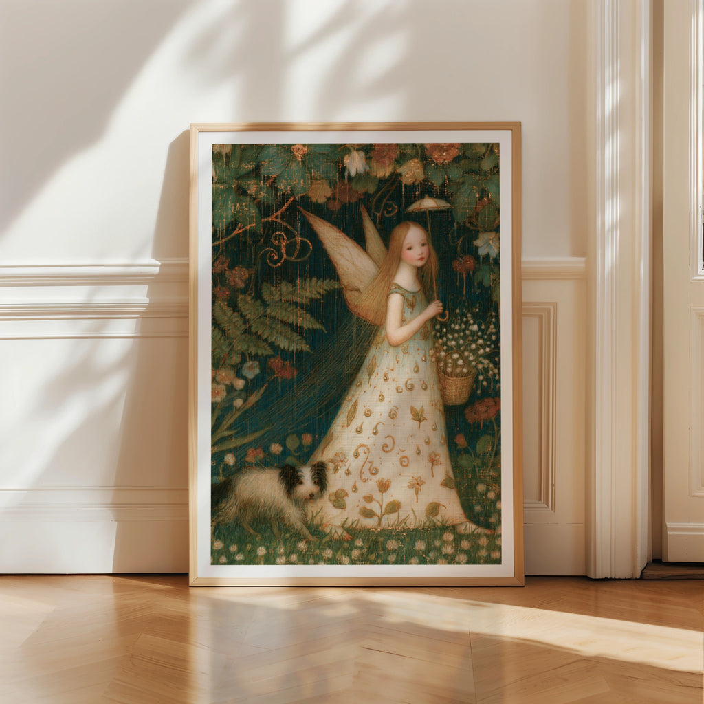 Fairy Girl Garden Print, Classic Folk Art Poster, Floral Fantasy Wall Art, Vintage Illustrated
