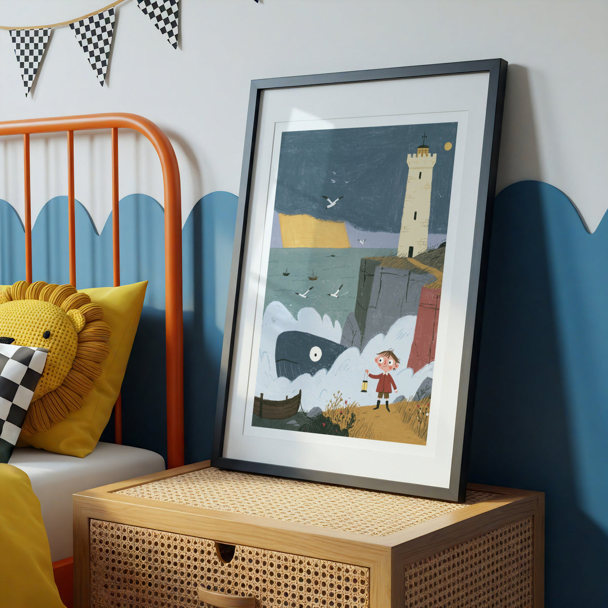 Lighthouse Whale Art Print, Children's Book Illustration, Coastal Nursery Wall Art, Boy With Lantern