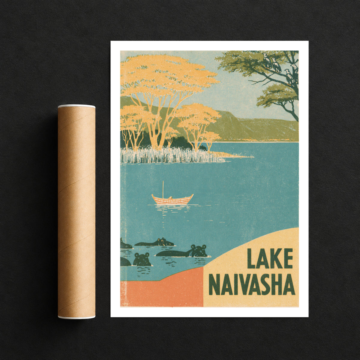 Retro Lake Naivasha Kenya Poster, Vintage Travel Wall Art, Hippo Safari Print, African Landscape