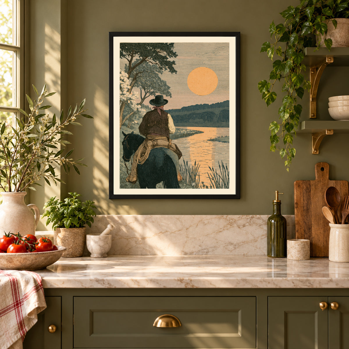 Cowboy at Sunset Print, Vintage Western Wall Art, Riverside Landscape Poster, Rustic Ranch Decor