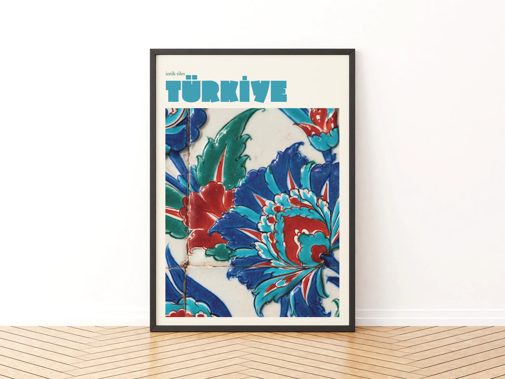 Turkiye Iznik Tiles Vintage Travel Poster, Turkey Print, Teal Blue Floral Wall Art