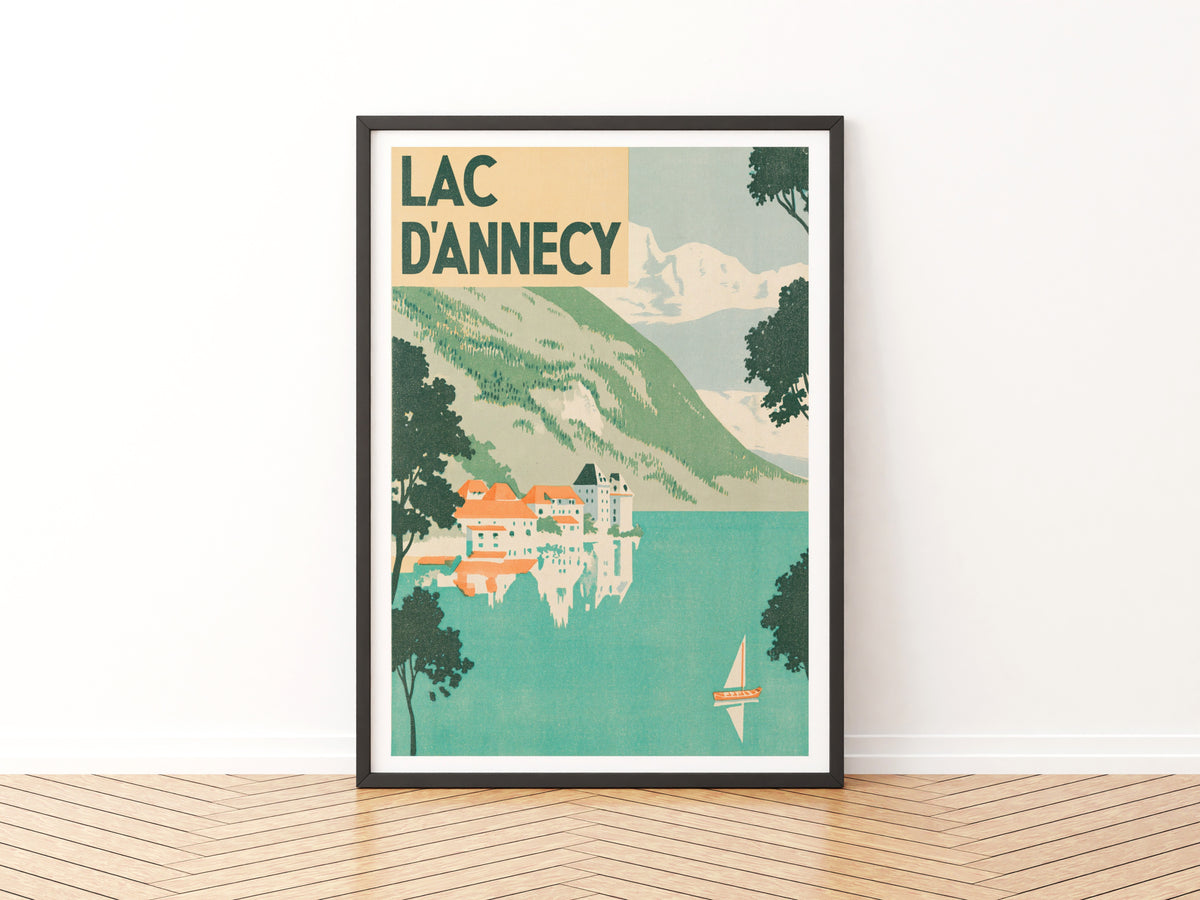 Retro Lac d'Annecy Poster, Vintage Travel Print, French Alps Lake Wall Art, Turquoise Lake Scene