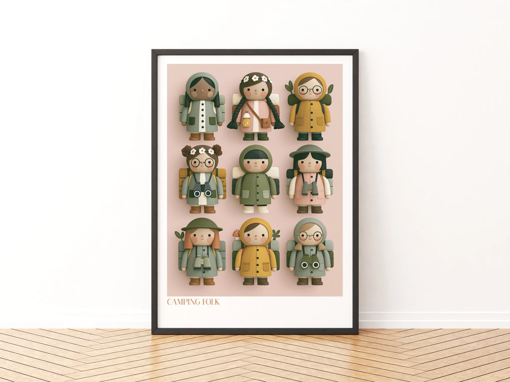 Camping Folk Retro Kids Wall Art, Cute Hiking Characters Poster, Children's Collectable Print