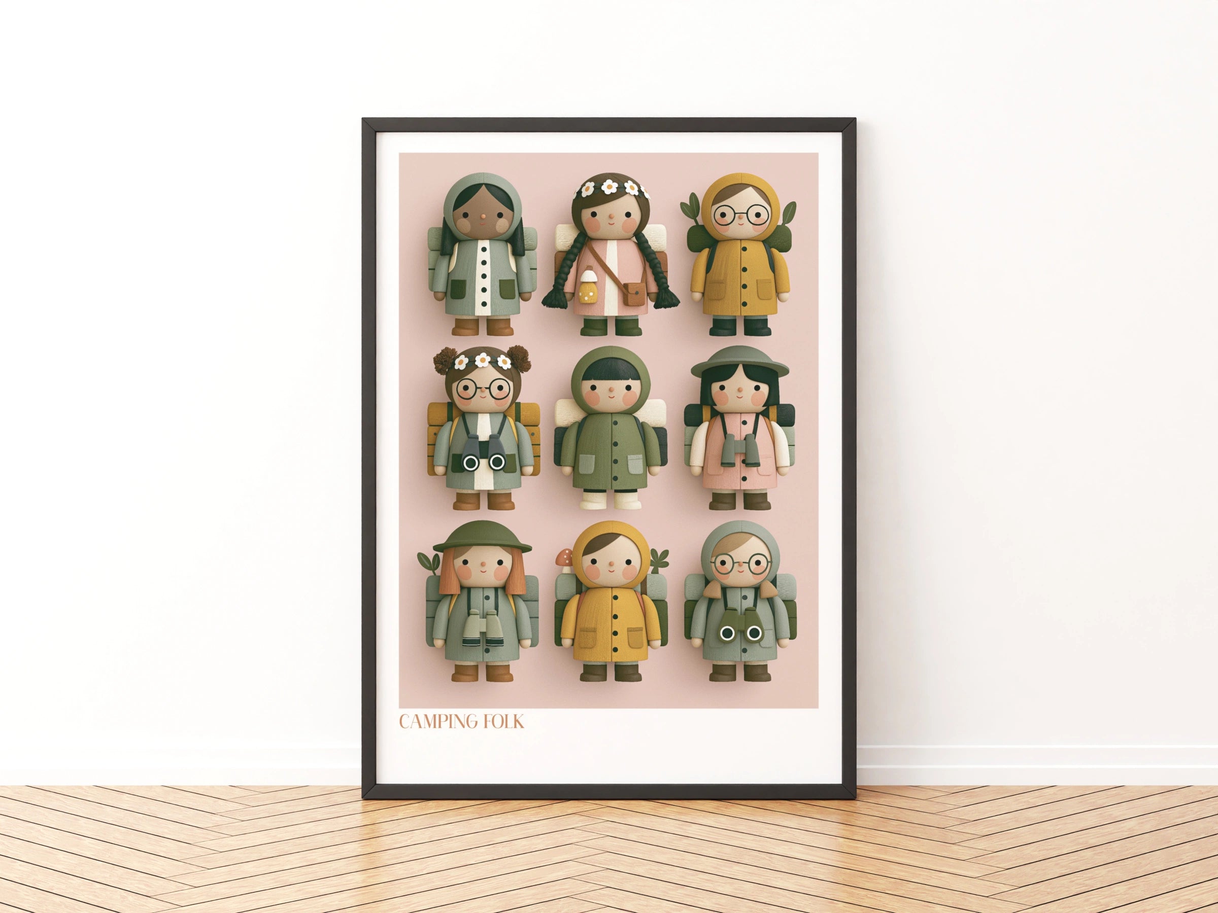 Camping Folk Retro Kids Wall Art, Cute Hiking Characters Poster, Children's Collectable Print
