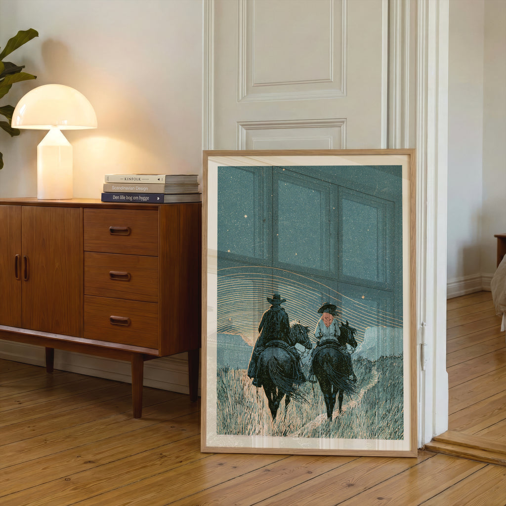 Cowboy and Cowgirl Riding Horses Under Stars, Western Wall Art, Vintage Night Sky Poster Print
