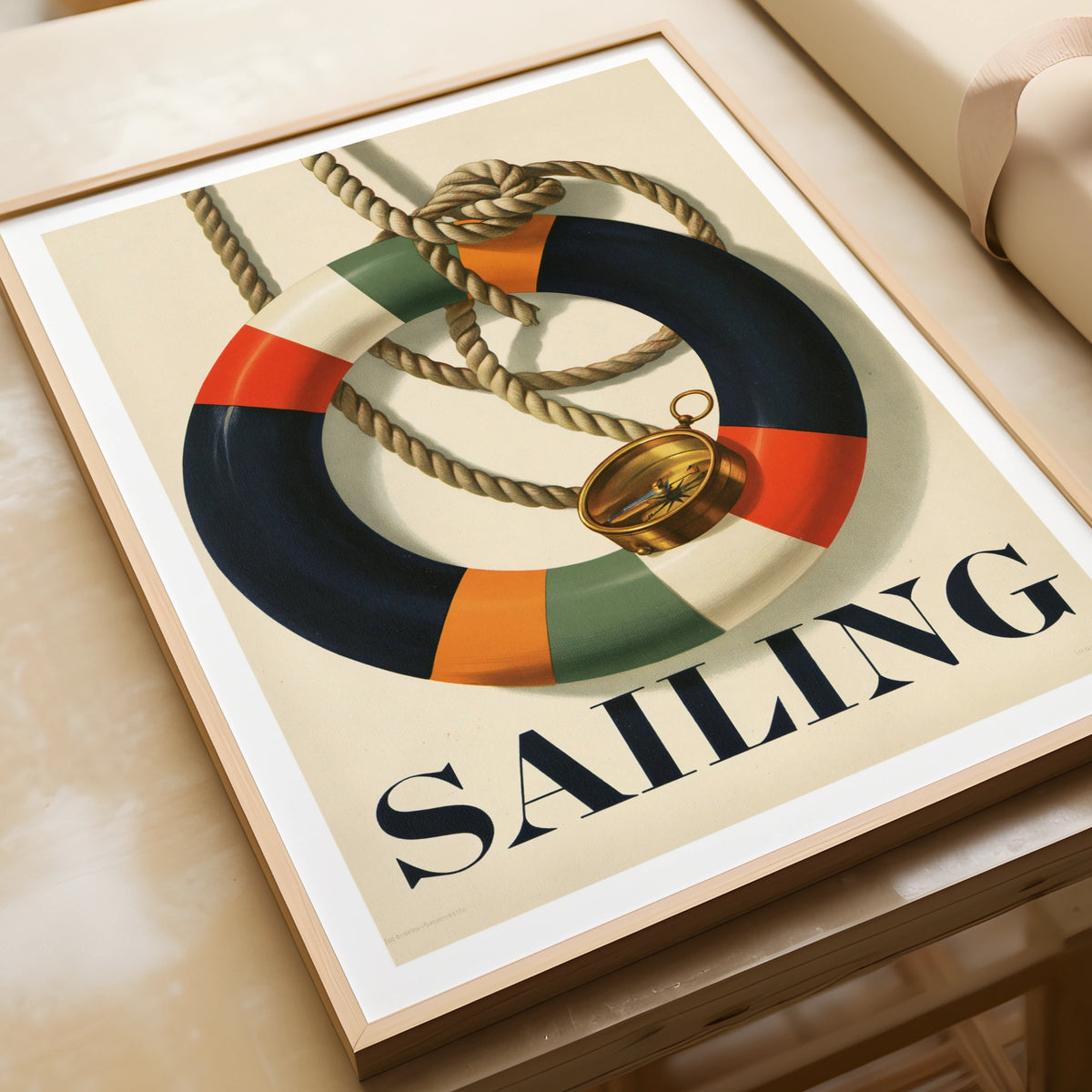 Retro Sailing Poster, Nautical Life Ring Compass Print, Vintage Navy Wall Art