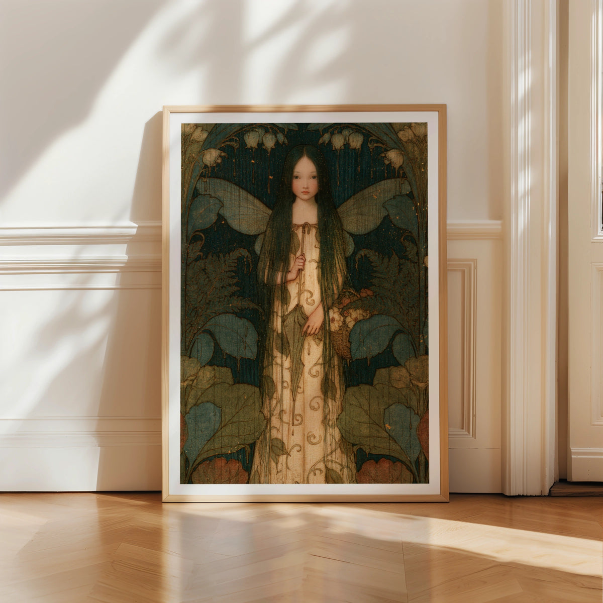 Rain Fairy Girl Art Nouveau Print, Classic Inspired Folk Art, Teal Floral Fantasy Poster