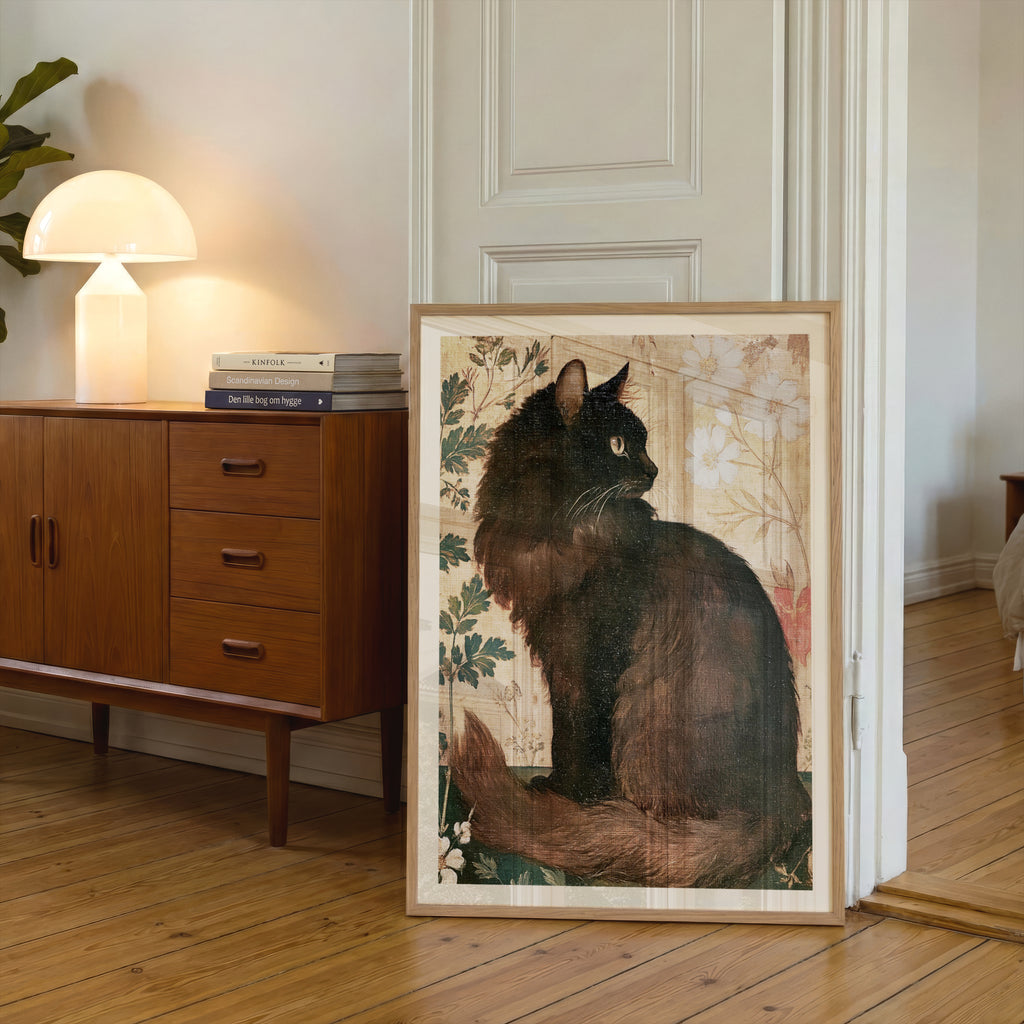 Black Cat Vintage Wall Art, Botanical Floral Cat Poster, Cottagecore Nature Print, Cat Lover Gift