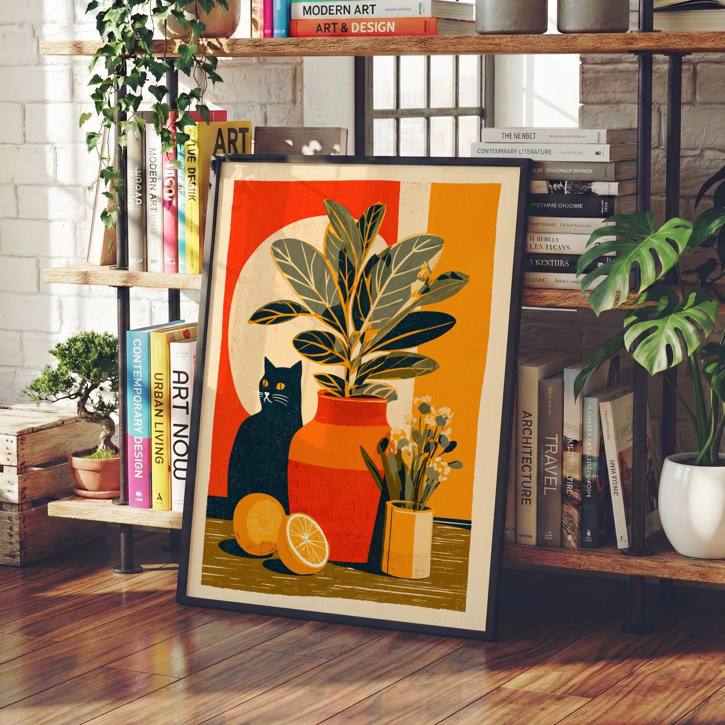 Black Cat Retro Still Life Poster, Rubber Plant Print, Vintage Style Wall Art
