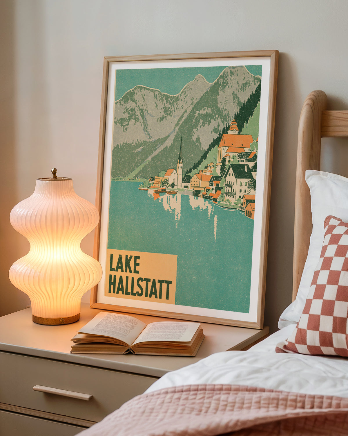 Lake Hallstatt Austria Retro Travel Poster, Vintage Travel Alpine Village Art Print, Wall Decor