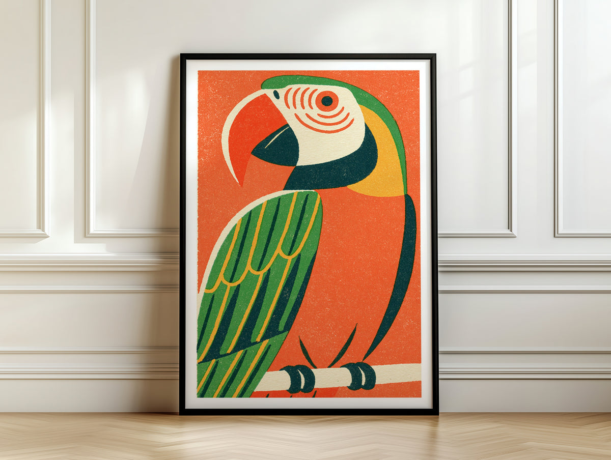 Retro Parrot Print, Vintage Macaw Wall Art, Tropical Bird Poster, Orange Green Matchbox Style Art
