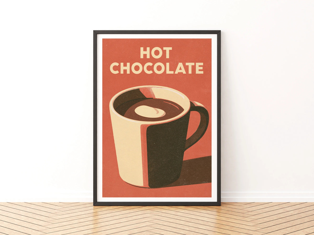 Hot Chocolate Vintage Food Poster Print | Rustic Kitchen Decor | Retro Mid Century Risograph Art