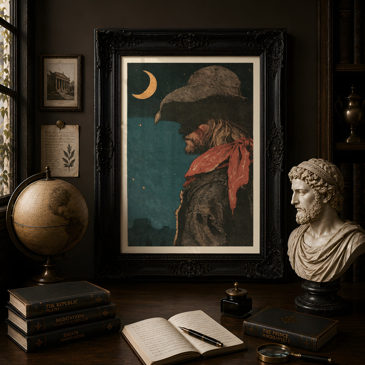 Western Cowboy Print, Vintage Woodcut Style Wall Art, Crescent Moon Desert Night, Red Bandana Poster