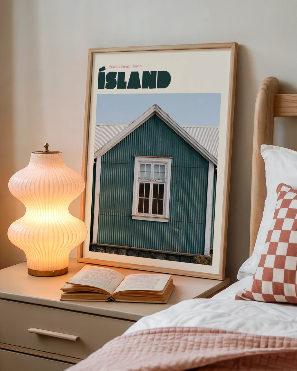 Iceland Travel Poster, Island Retro Print, Corrugated Iron Home, Teal Nordic Wall Art