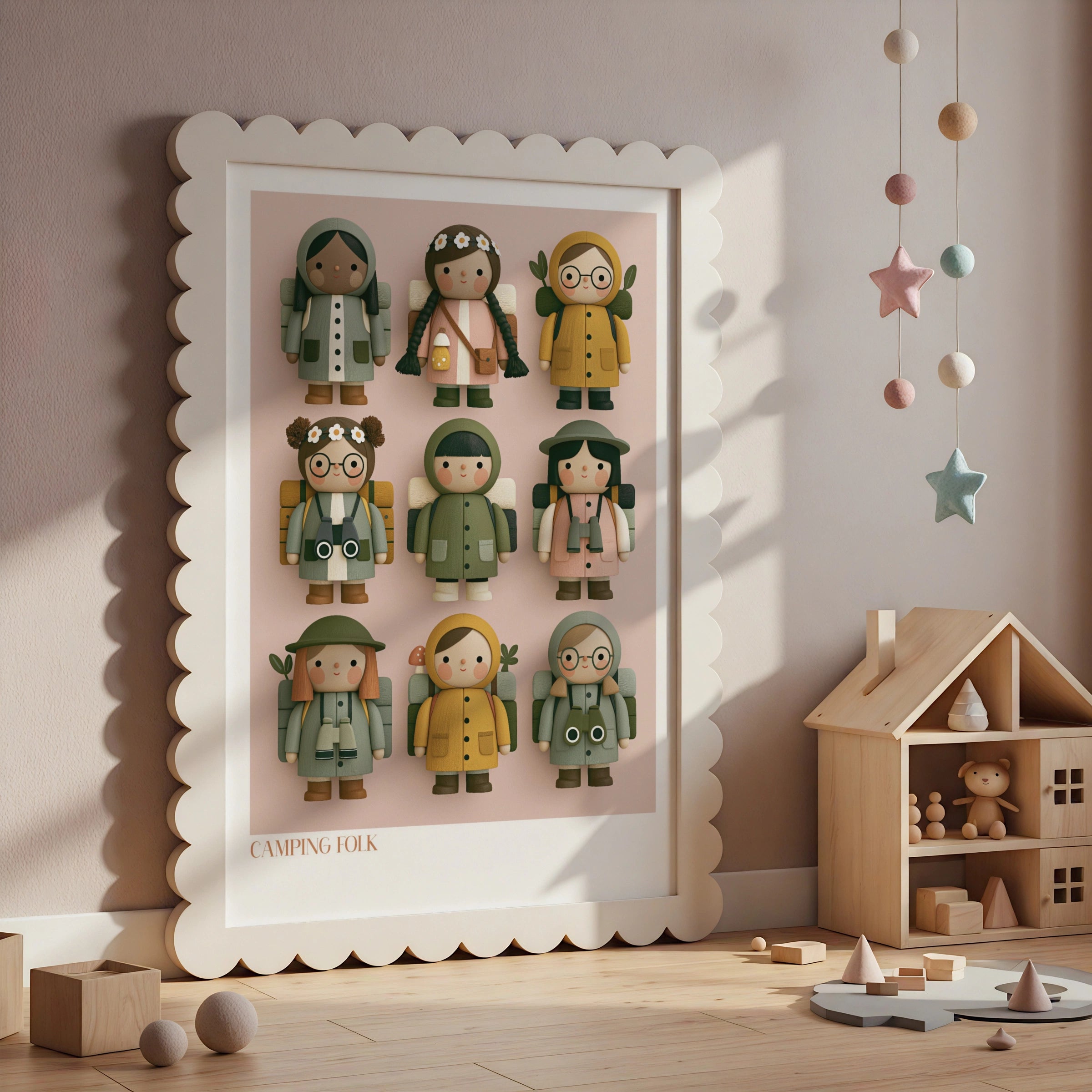 Camping Folk Retro Kids Wall Art, Cute Hiking Characters Poster, Children's Collectable Print