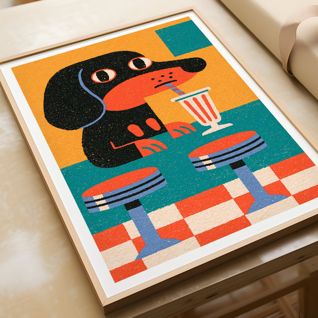 Retro Dachshund Diner Art Print, Sausage Dog Milkshake, Funky Dog Wall Art, 1950s Folk Style