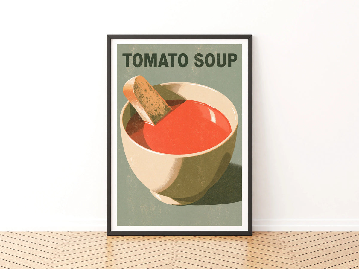 Tomato Soup Vintage Food Poster Print | Rustic Kitchen Decor | Retro Mid Century Risograph Art