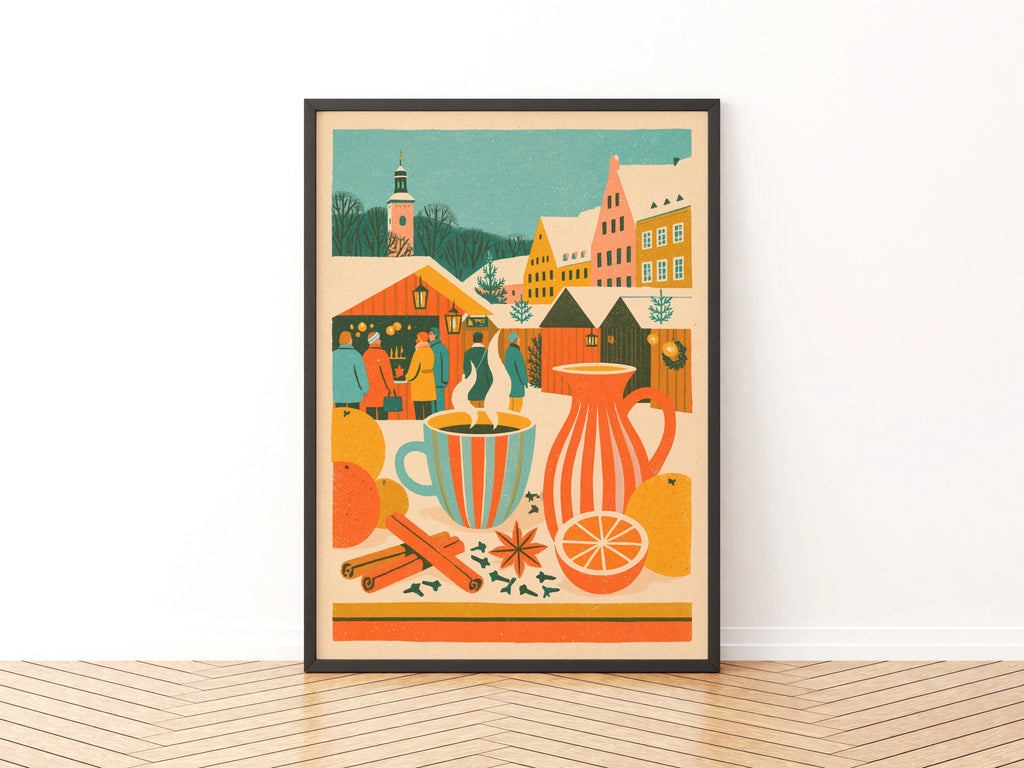 Vintage Food Poster Print, Mulled Wine Christmas Market, Rustic Kitchen Decor, Retro Mid Century