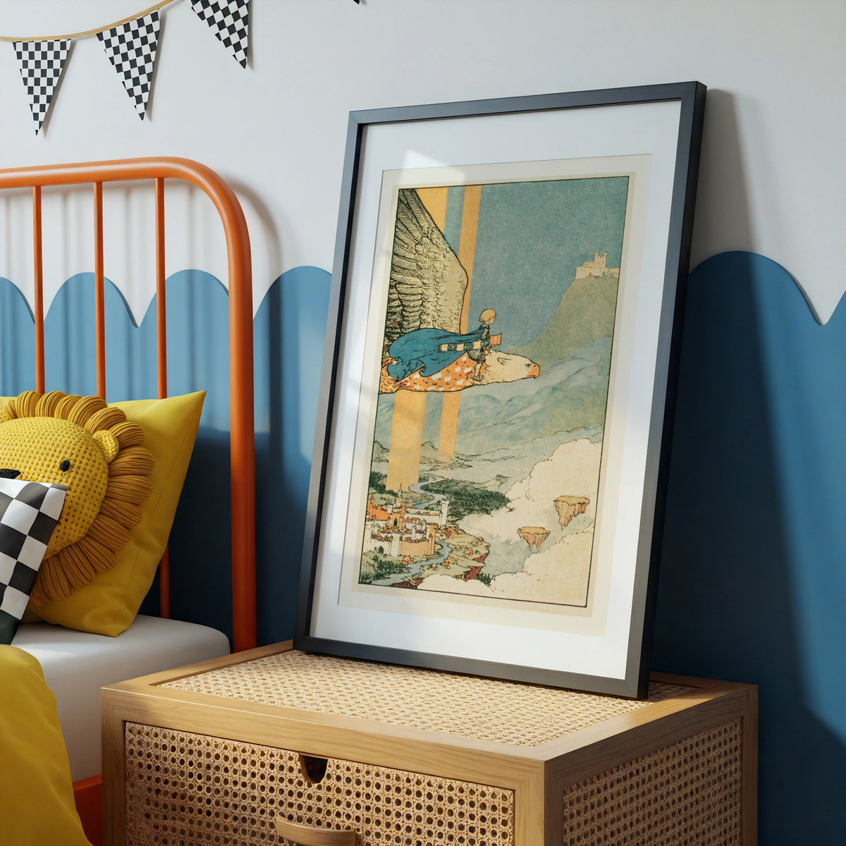 Boy Riding Giant Eagle Print, Retro Children's Fantasy Poster, Fairy Tale Kids Wall Art