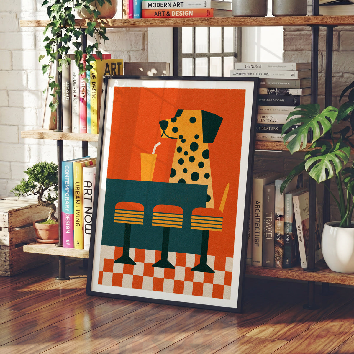 Vintage Dalmatian Diner Poster, Retro Dog Wall Art, Fun Animal Print, Bold Orange Decor