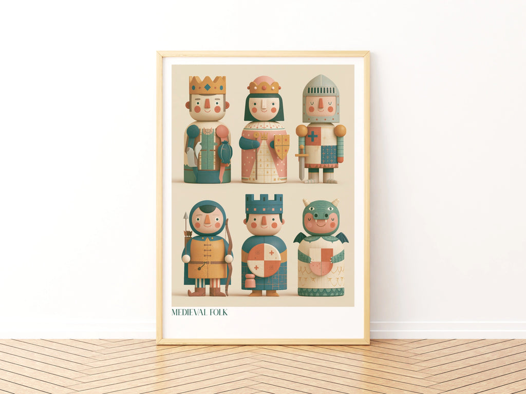 Medieval Folk Kids Wall Art, Retro Children's Print, Knight King Dragon Nursery Poster