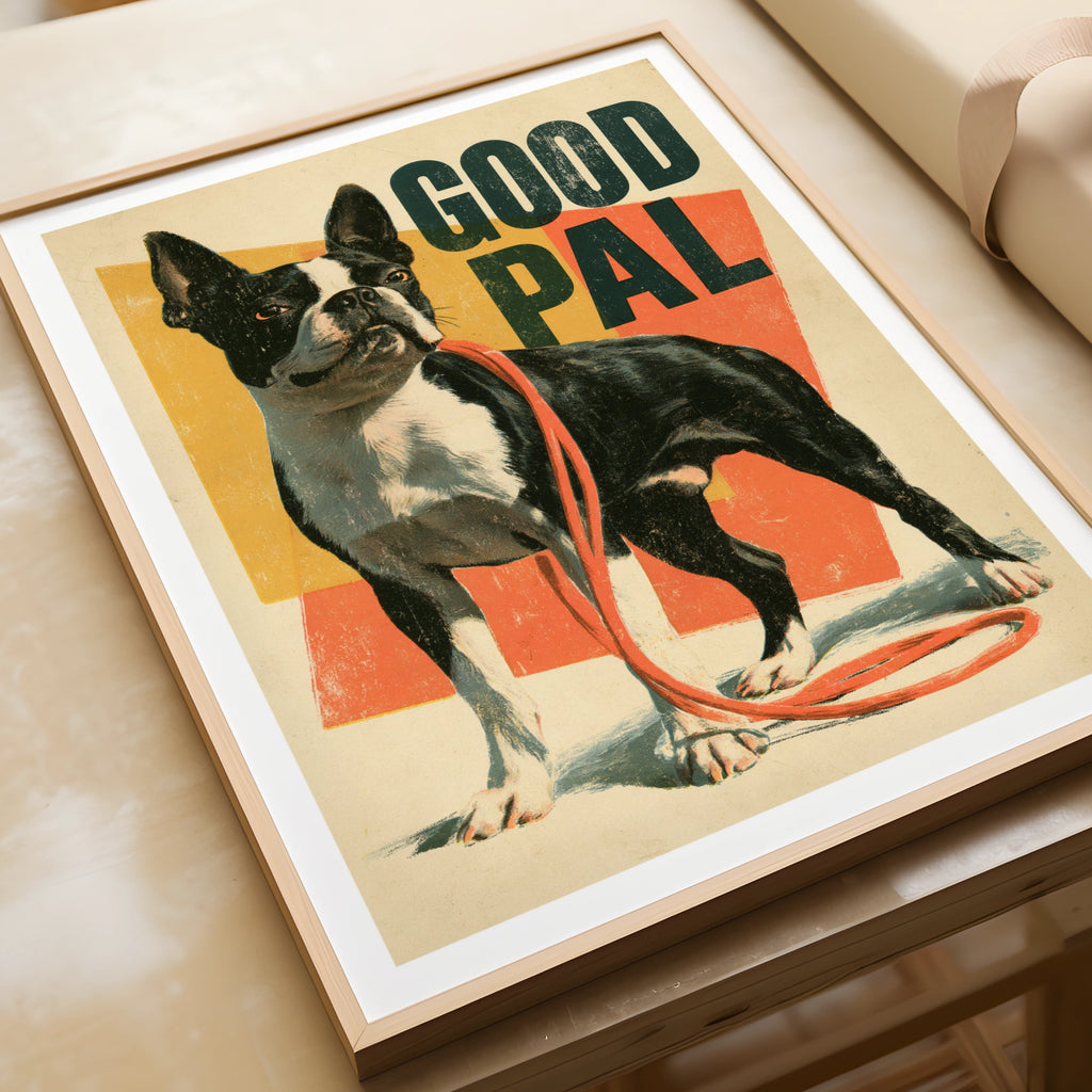 Boston Terrier Retro Dog Print, Good Pal Vintage Poster, Folk Wall Art Gift