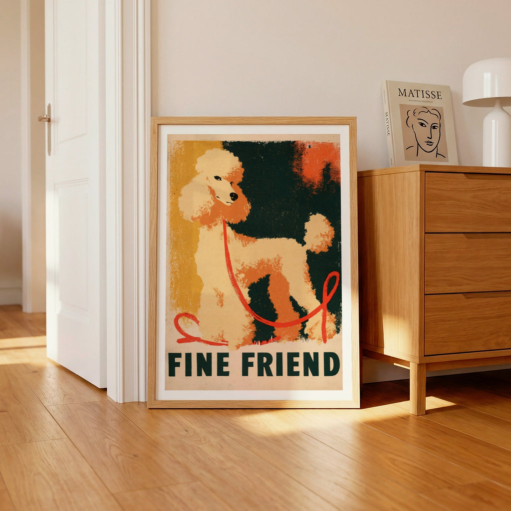 Retro Poodle Art Print, Fine Friend Dog Wall Art, Vintage Style Folk Print, Gift for Dog Lovers