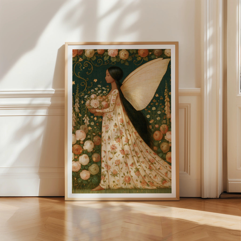 Flower Fairy Garden Classic Inspired Print, Floral Folk Art Poster, Cottagecore Wall Art, Botanical