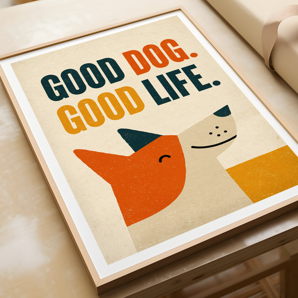 Good Dog Good Life retro dog print, folk art wall print, dog lover gift, vintage style