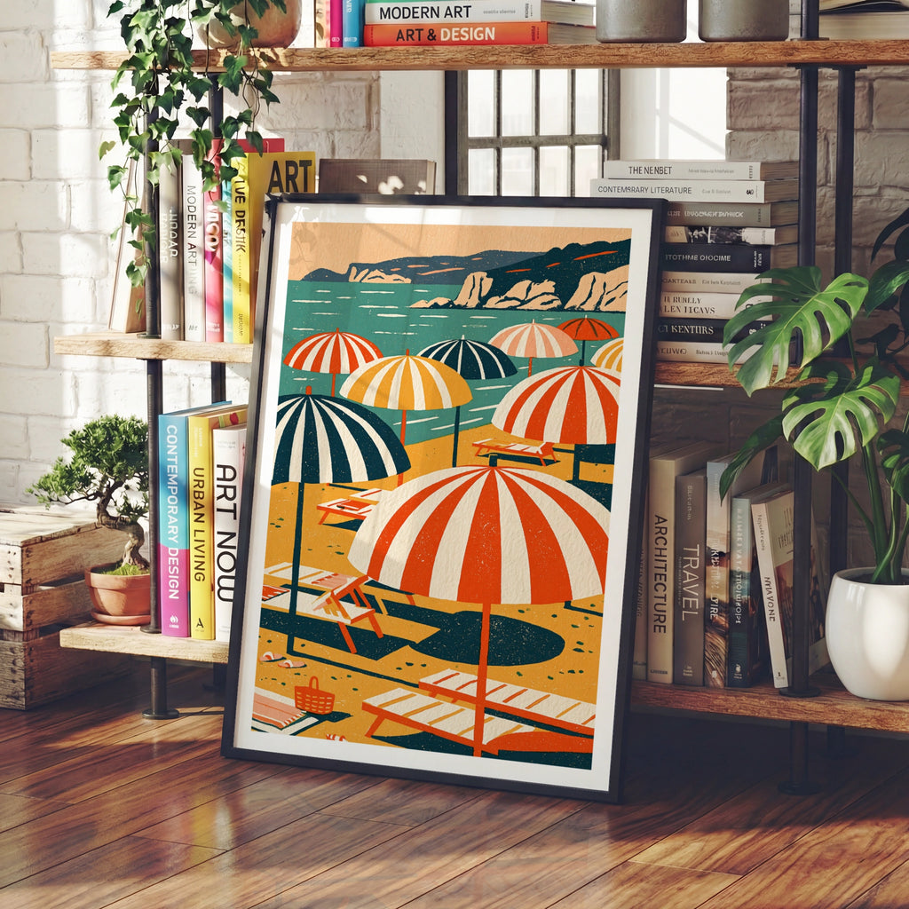 Retro Beach Umbrella Poster, Vintage Summer Print, Coastal Wall Art, Mediterranean Sun Lounger