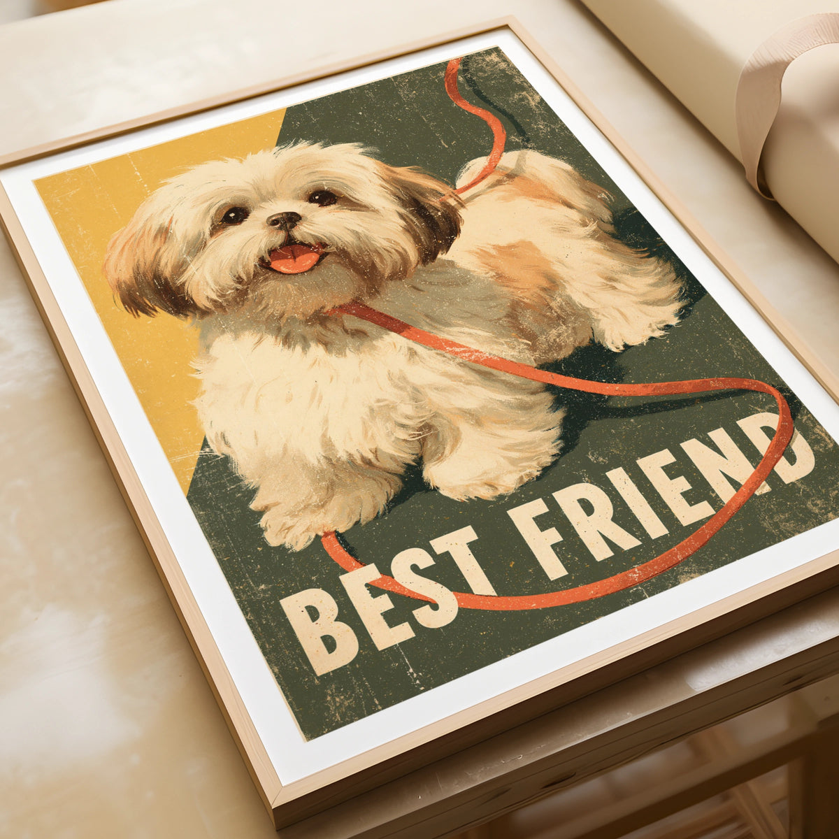 Retro Dog Poster, Best Friend Shih Tzu Wall Art, Vintage Folk Style Pet Print