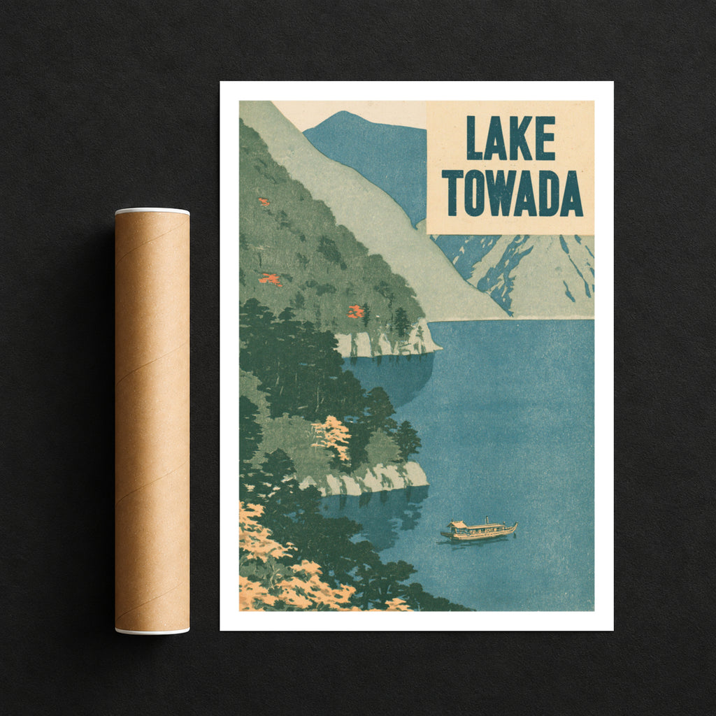 Retro Lake Towada Japan Travel Poster, Vintage Travel Woodblock Style Print, Japanese Wall Art
