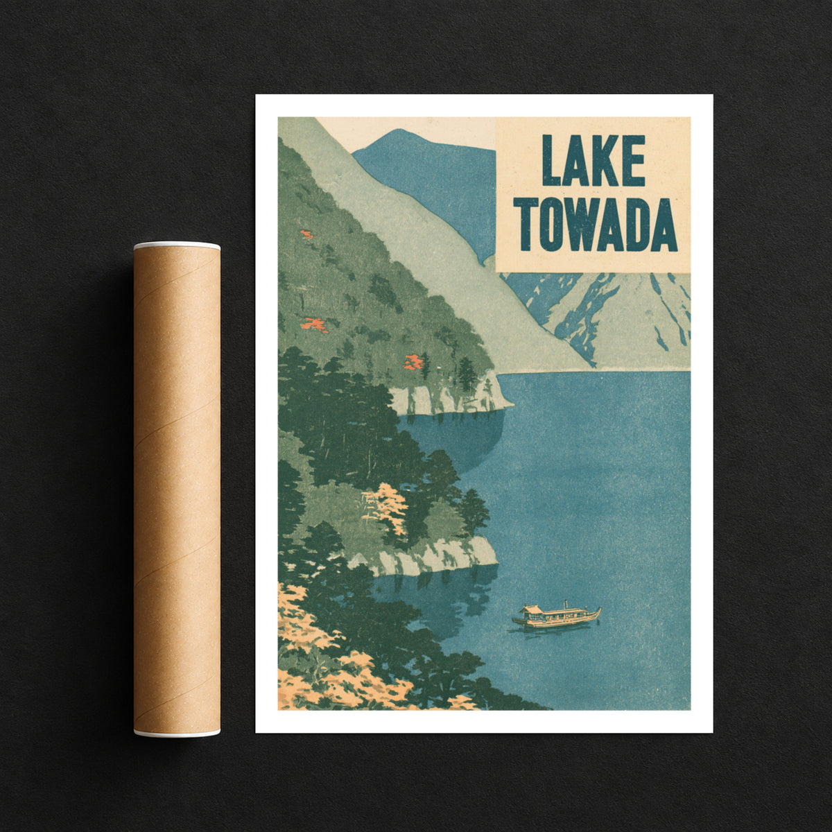 Retro Lake Towada Japan Travel Poster, Vintage Travel Woodblock Style Print, Japanese Wall Art