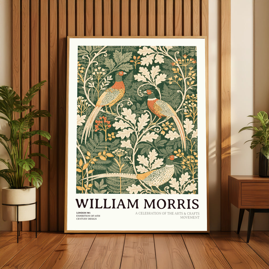 William Morris Pheasant Print, Arts and Crafts Exhibition Poster, Green Botanical Wall Art