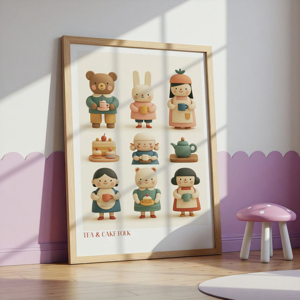 Tea & Cake Folk Retro Children's Print, Cute Bear Bunny Wall Art, Kids Nursery Poster