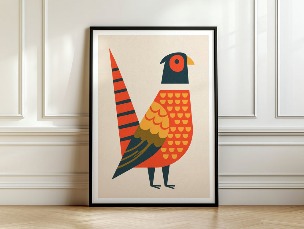 Retro Pheasant Print, Mid Century Bird Poster, Geometric Animal Wall Art, Orange Folk Style Decor