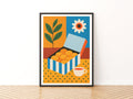 Vintage Food Poster Print, Biscuit Box Tea Cup, Rustic Kitchen Decor, Retro Mid Century Risograph