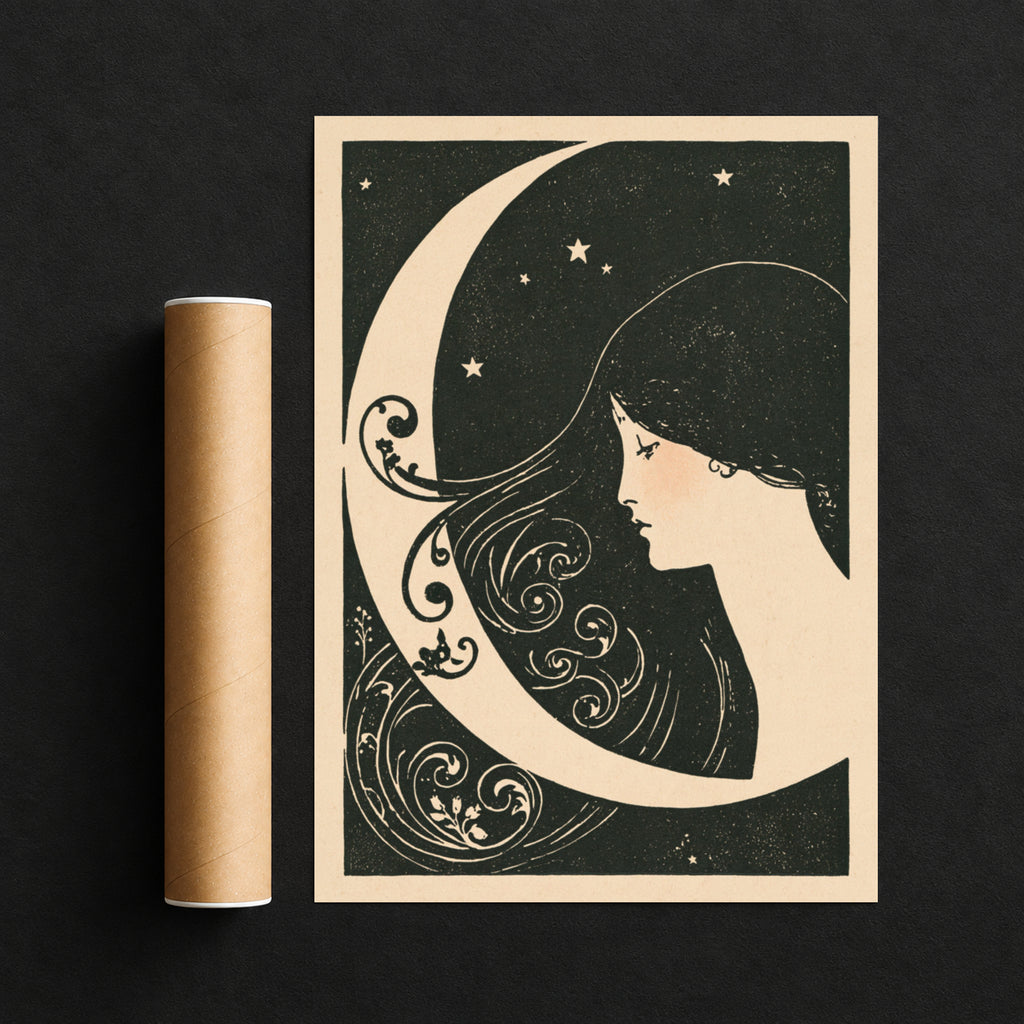 Art Nouveau Moon Print, Crescent Moon Woman Wall Art, Celestial Poster, Vintage Night Sky Stars