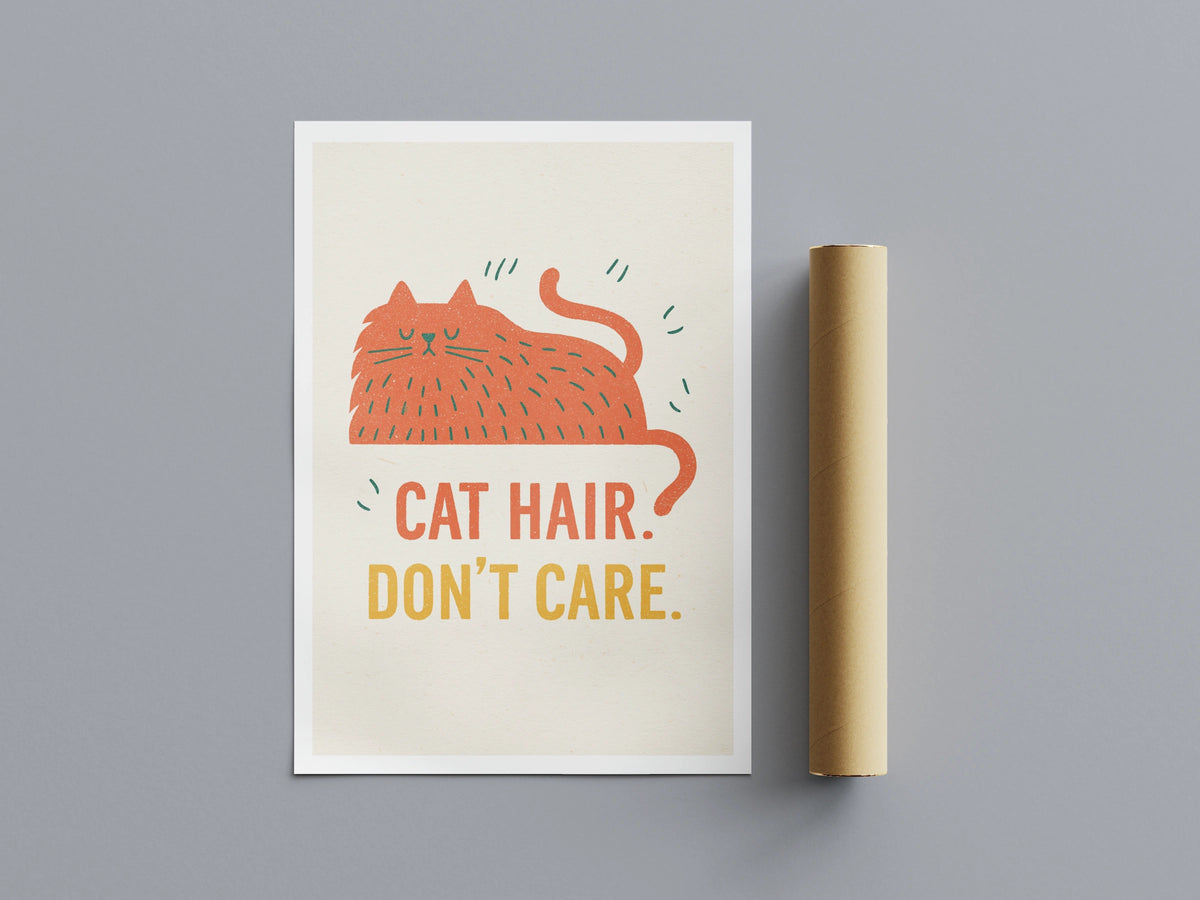 Cat Hair Don't Care Print, Funny Retro Cat Wall Art, Folk Style Ginger Cat Gift