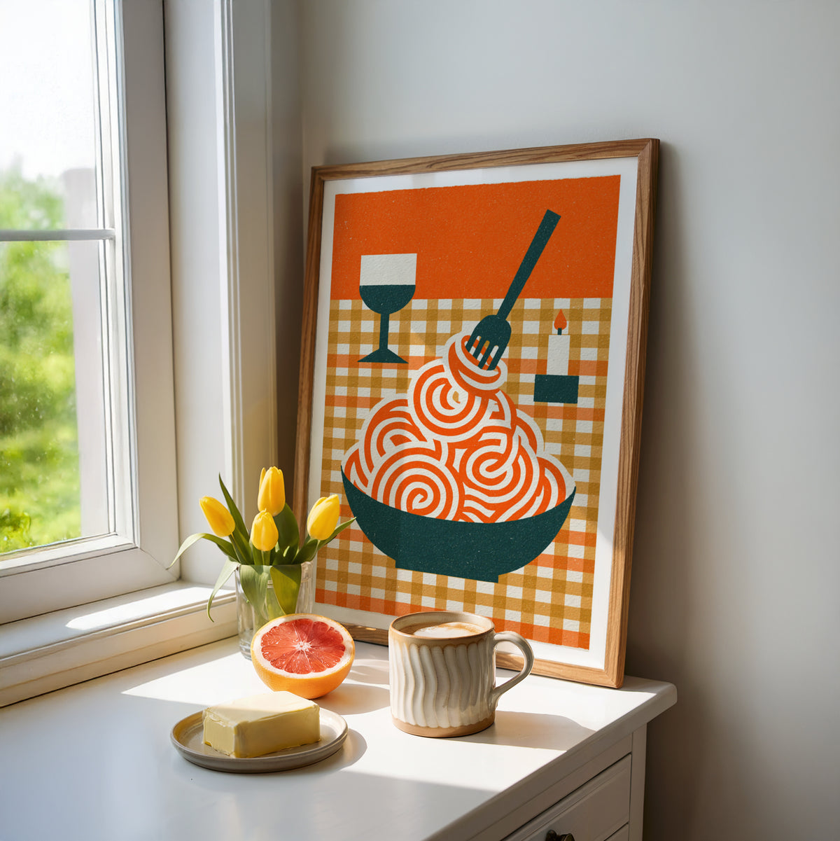  Pasta Print, Retro Spaghetti Bowl Art, Rustic Kitchen Decor, Mid Century Risograph