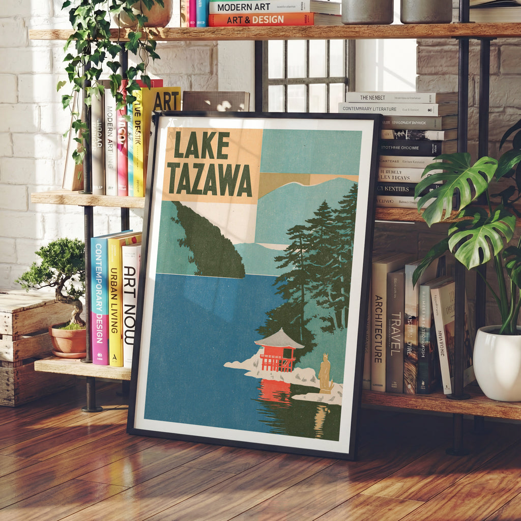 Retro Lake Tazawa Japan Poster, Vintage Travel Print, Akita Pine Trees Red Pavilion Wall Art