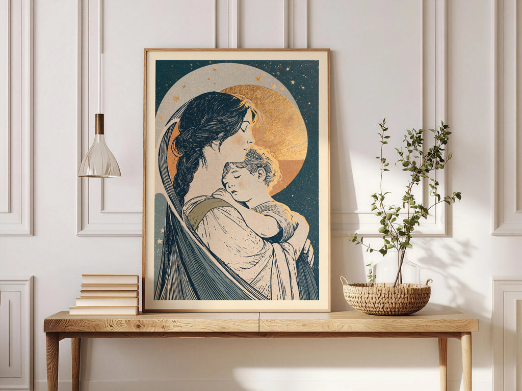 Mother and Child Vintage Art Nouveau, Celestial Moon Stars, Nursery Wall Art, New Mum Gift Print