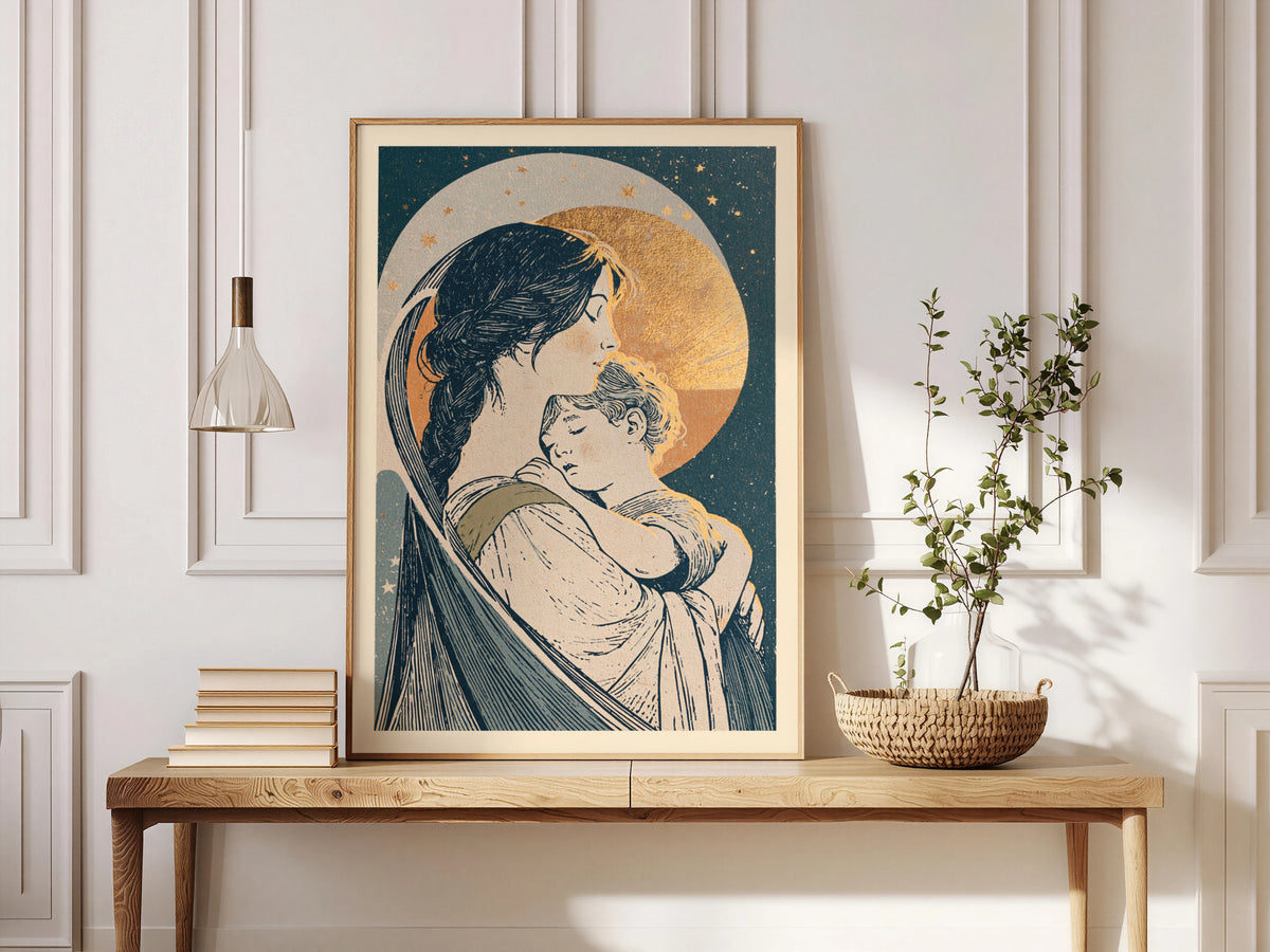 Mother and Child Vintage Art Nouveau, Celestial Moon Stars, Nursery Wall Art, New Mum Gift Print