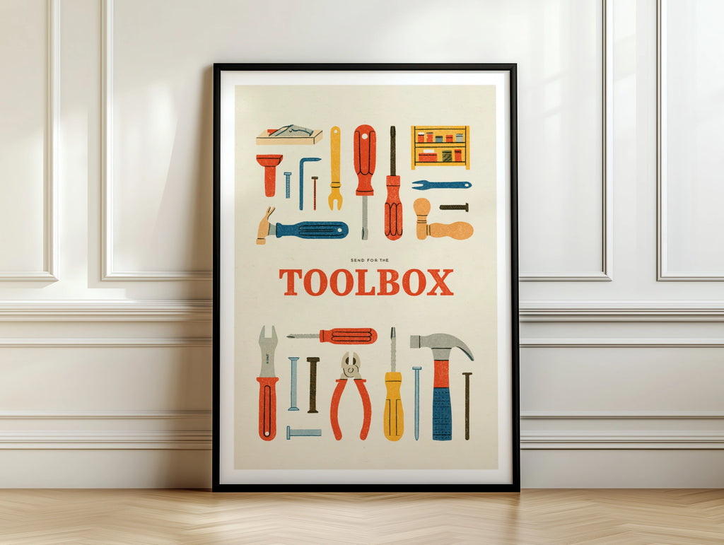 Retro Toolbox Poster, Vintage Tools Wall Art Print, Workshop Decor, Gift for DIY Fan