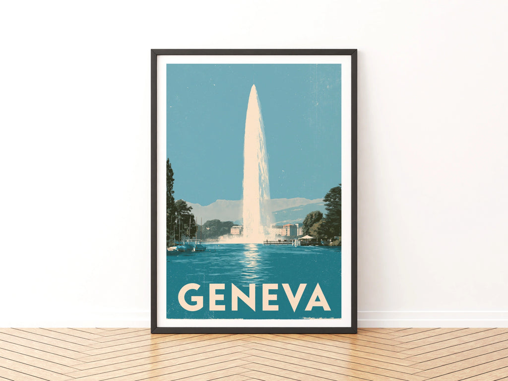 Geneva Retro Travel Poster, Jet d'Eau Switzerland Wall Art, Lake Geneva Print