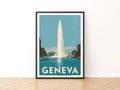 Geneva Retro Travel Poster, Jet d'Eau Switzerland Wall Art, Lake Geneva Print